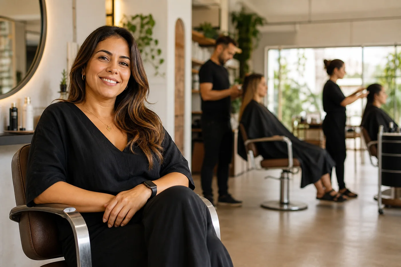 Profissional sorrindo em um salão organizado